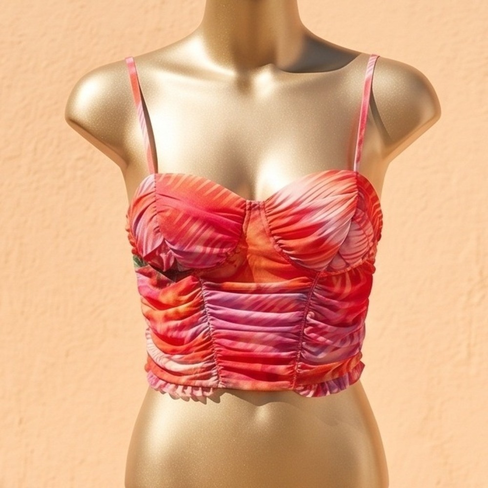 Madden NYC M Pink Orange Tropical Mesh Shirred Bustier Crop Top Medium NWT